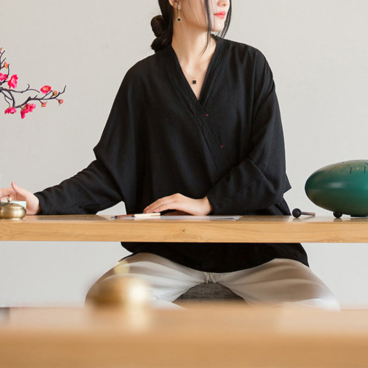 Chemisier à col en V avec Buddha Stones pour femme, haut à manches longues, vêtements de style Hanfu chinois - image 18