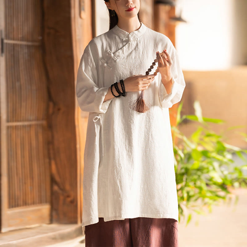 Chemisier vintage en coton et lin avec Buddha Stones pour femme, chemise à manches longues, haut Hanfu chinois - image 6
