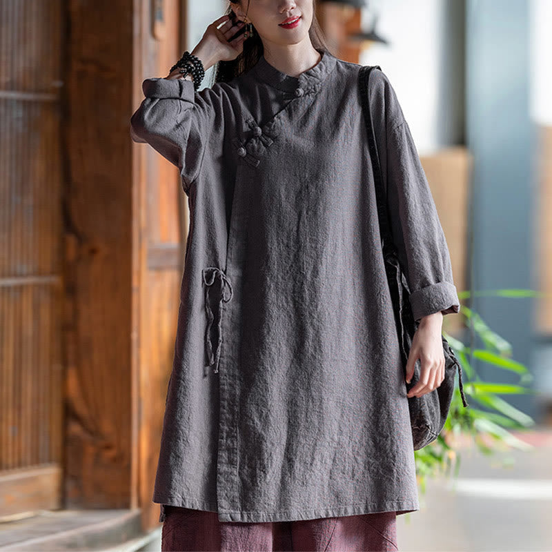 Chemisier vintage en coton et lin avec Buddha Stones pour femme, chemise à manches longues, haut Hanfu chinois - Gris (Tour de poitrine 130 cm) (Haut uniquement) - image 8