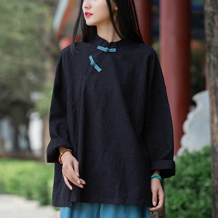 Chemisier ample en lin ramie avec Buddha Stones pour femme, chemise à manches longues, haut Hanfu chinois - Noir (Tour de poitrine 132 cm) (Haut uniquement) - image 11