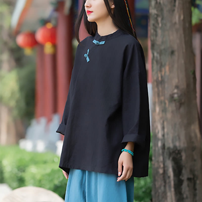 Chemisier ample en lin ramie avec Buddha Stones pour femme, chemise à manches longues, haut Hanfu chinois - image 14