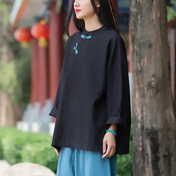 Chemisier ample en lin ramie avec Buddha Stones pour femme, chemise à manches longues, haut Hanfu chinois - image 14