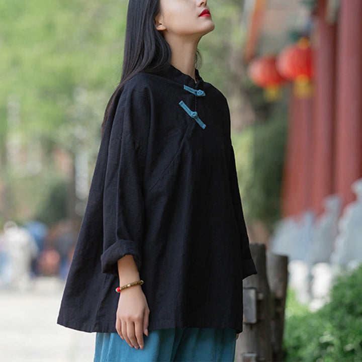 Chemisier ample en lin ramie avec Buddha Stones pour femme, chemise à manches longues, haut Hanfu chinois - image 15