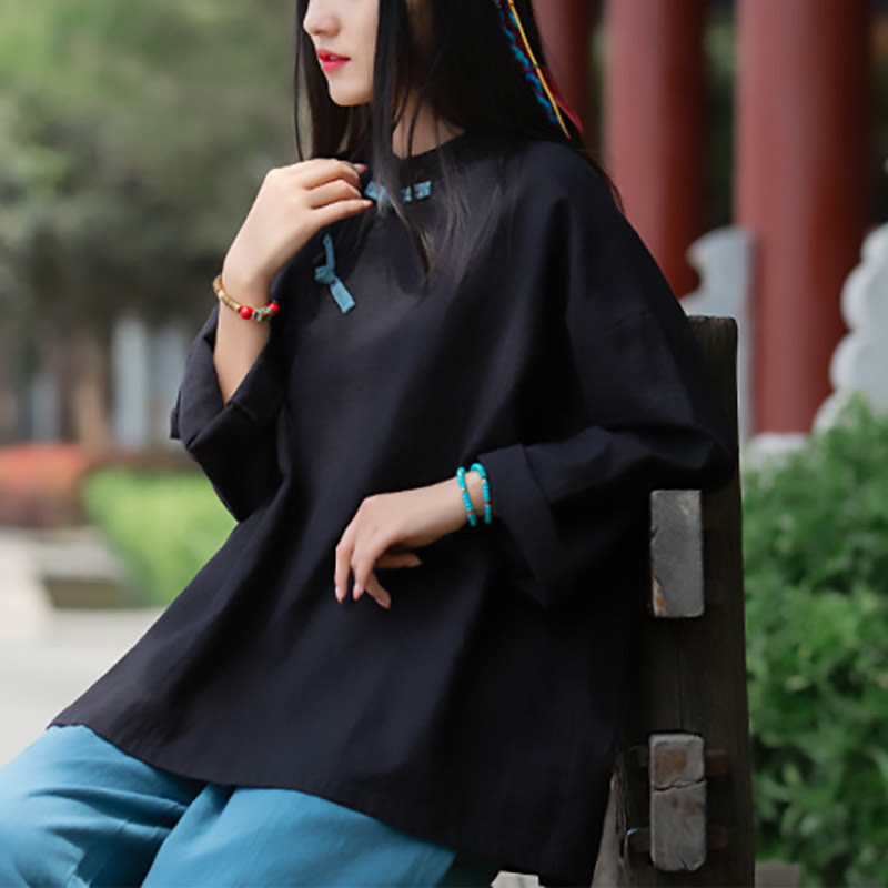 Chemisier ample en lin ramie avec Buddha Stones pour femme, chemise à manches longues, haut Hanfu chinois - image 13