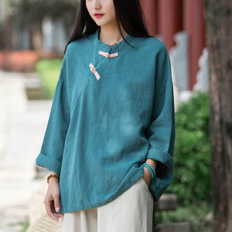 Chemisier ample en lin ramie avec Buddha Stones pour femme, chemise à manches longues, haut Hanfu chinois - Cyan (buste 132 cm) (haut uniquement) - image 19