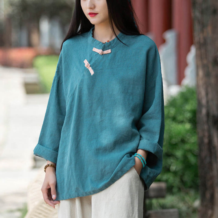 Chemisier ample en lin ramie avec Buddha Stones pour femme, chemise à manches longues, haut Hanfu chinois - Cyan (buste 132 cm) (haut uniquement) - image 19