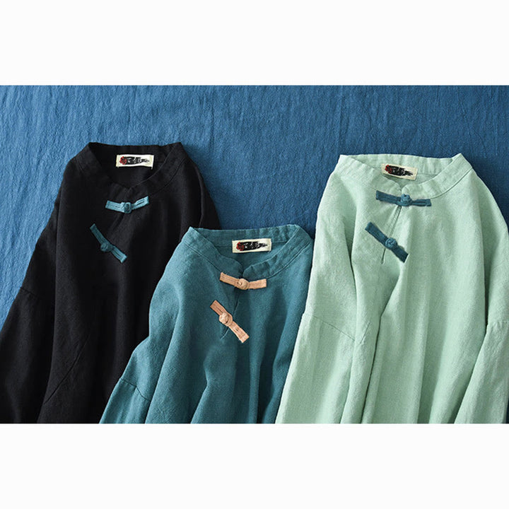 Chemisier ample en lin ramie avec Buddha Stones pour femme, chemise à manches longues, haut Hanfu chinois - image 28