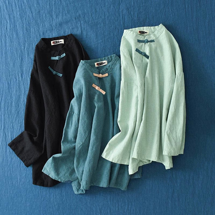 Chemisier ample en lin ramie avec Buddha Stones pour femme, chemise à manches longues, haut Hanfu chinois - image 27