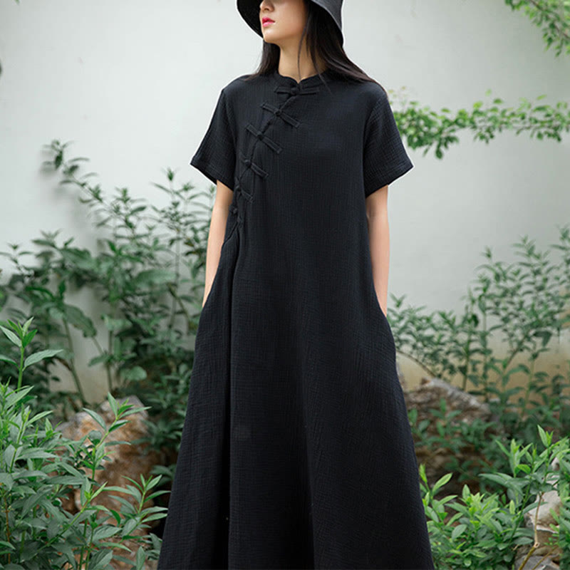 Robe mi-longue à boutons en forme de grenouille Buddha Stones Robe à manches courtes en coton et lin avec poches - Noir (buste 96 cm/longueur 119 cm) (robe uniquement) - image 0