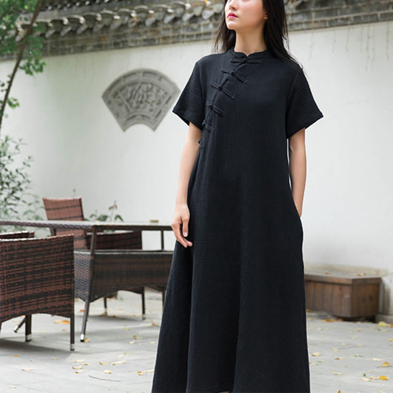 Robe mi-longue à boutons en forme de grenouille Buddha Stones Robe à manches courtes en coton et lin avec poches - image 1