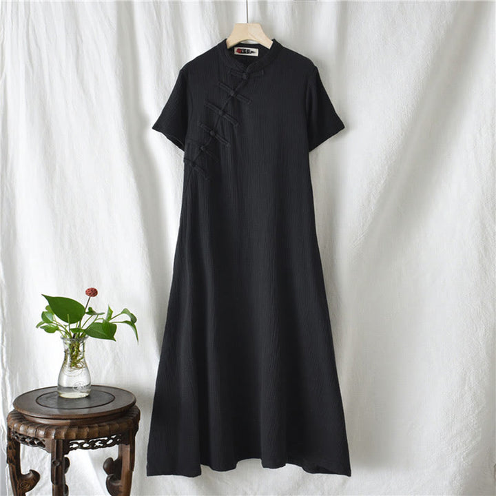 Robe mi-longue à boutons en forme de grenouille Buddha Stones Robe à manches courtes en coton et lin avec poches - image 8
