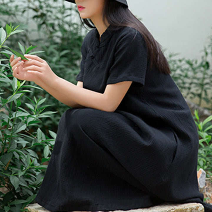 Robe mi-longue à boutons en forme de grenouille Buddha Stones Robe à manches courtes en coton et lin avec poches - image 7