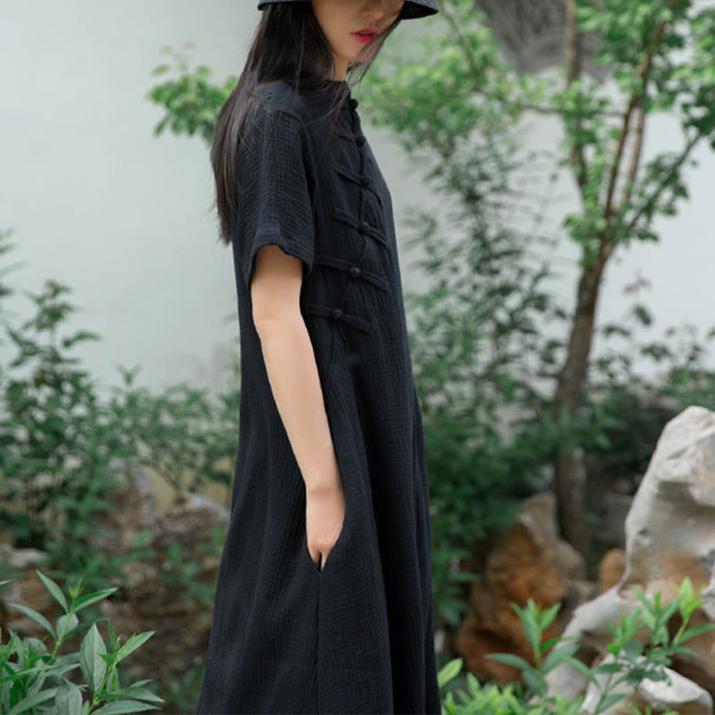 Robe mi-longue à boutons en forme de grenouille Buddha Stones Robe à manches courtes en coton et lin avec poches - image 3