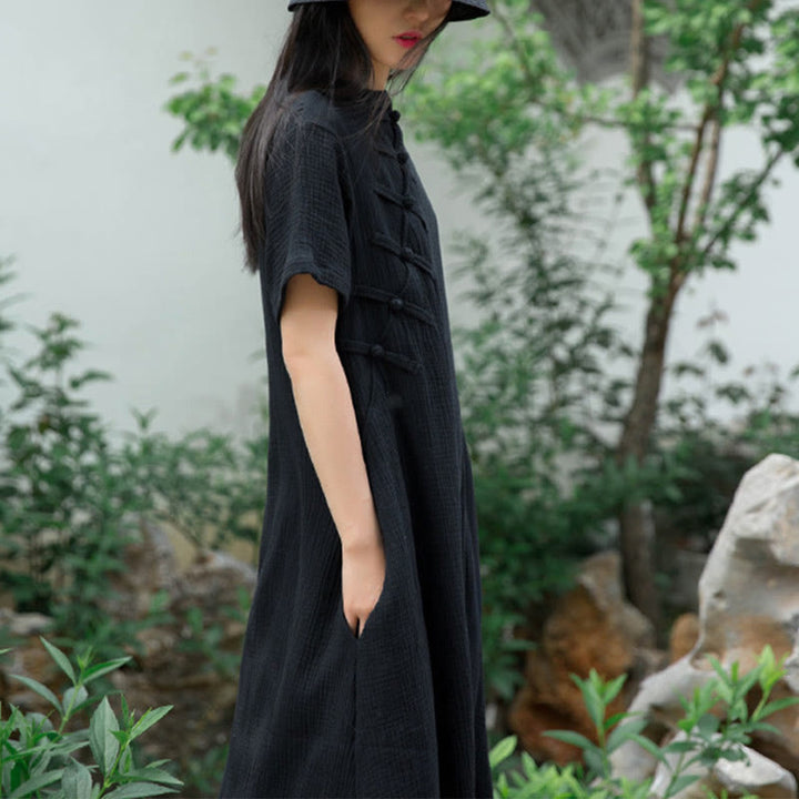 Robe mi-longue à boutons en forme de grenouille Buddha Stones Robe à manches courtes en coton et lin avec poches - image 3