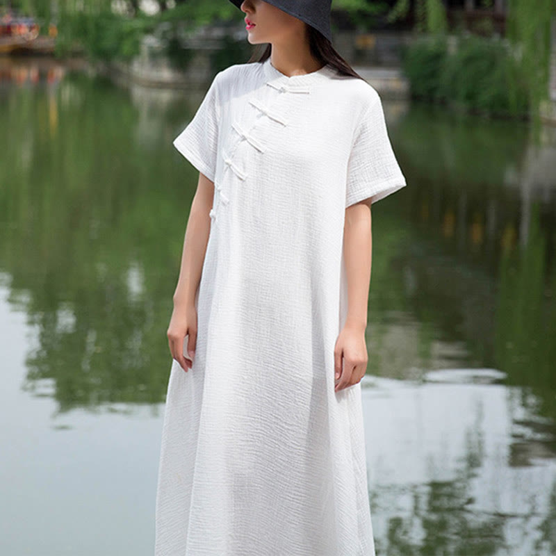 Robe mi-longue à boutons en forme de grenouille Buddha Stones Robe à manches courtes en coton et lin avec poches - Blanc (buste 96 cm/longueur 119 cm) (robe seule) - image 9