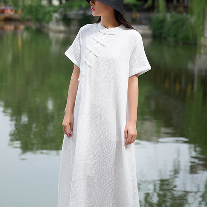 Robe mi-longue à boutons en forme de grenouille Buddha Stones Robe à manches courtes en coton et lin avec poches - Blanc (buste 96 cm/longueur 119 cm) (robe seule) - image 9