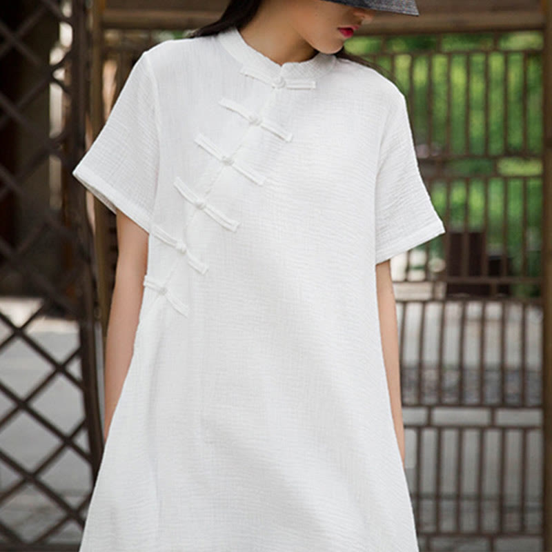 Robe mi-longue à boutons en forme de grenouille Buddha Stones Robe à manches courtes en coton et lin avec poches - image 15