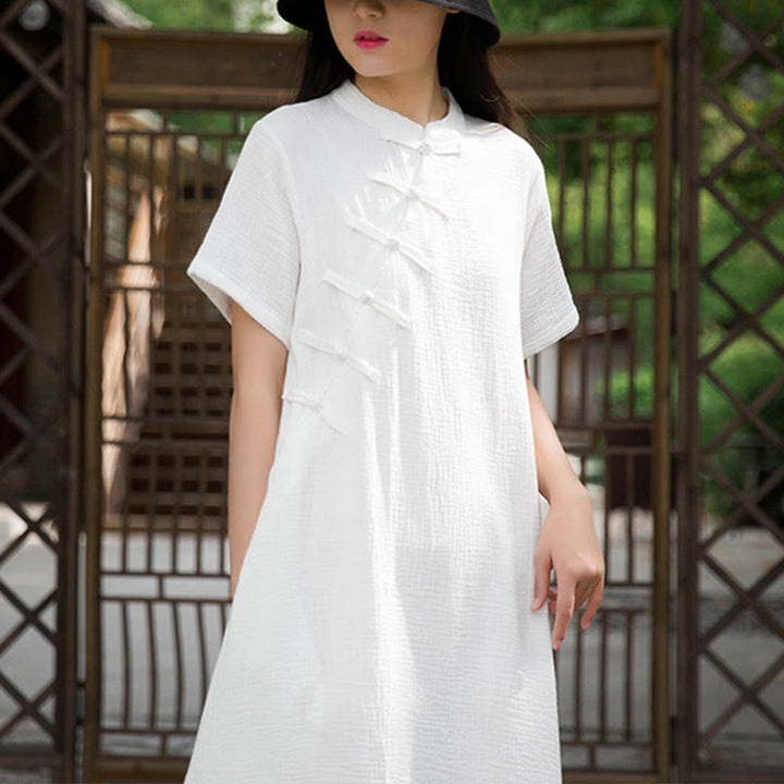 Robe mi-longue à boutons en forme de grenouille Buddha Stones Robe à manches courtes en coton et lin avec poches - image 17