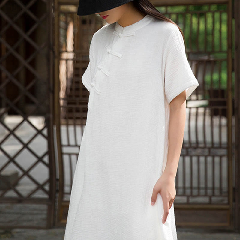 Robe mi-longue à boutons en forme de grenouille Buddha Stones Robe à manches courtes en coton et lin avec poches - image 16