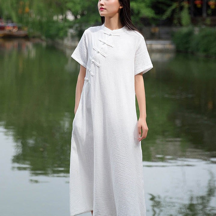 Robe mi-longue à boutons en forme de grenouille Buddha Stones Robe à manches courtes en coton et lin avec poches - image 10