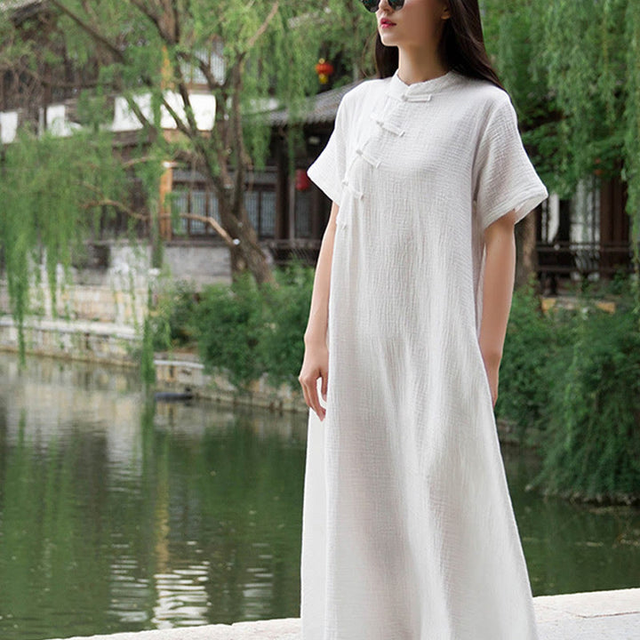 Robe mi-longue à boutons en forme de grenouille Buddha Stones Robe à manches courtes en coton et lin avec poches - image 11