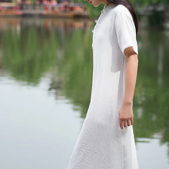 Robe mi-longue à boutons en forme de grenouille Buddha Stones Robe à manches courtes en coton et lin avec poches - image 18