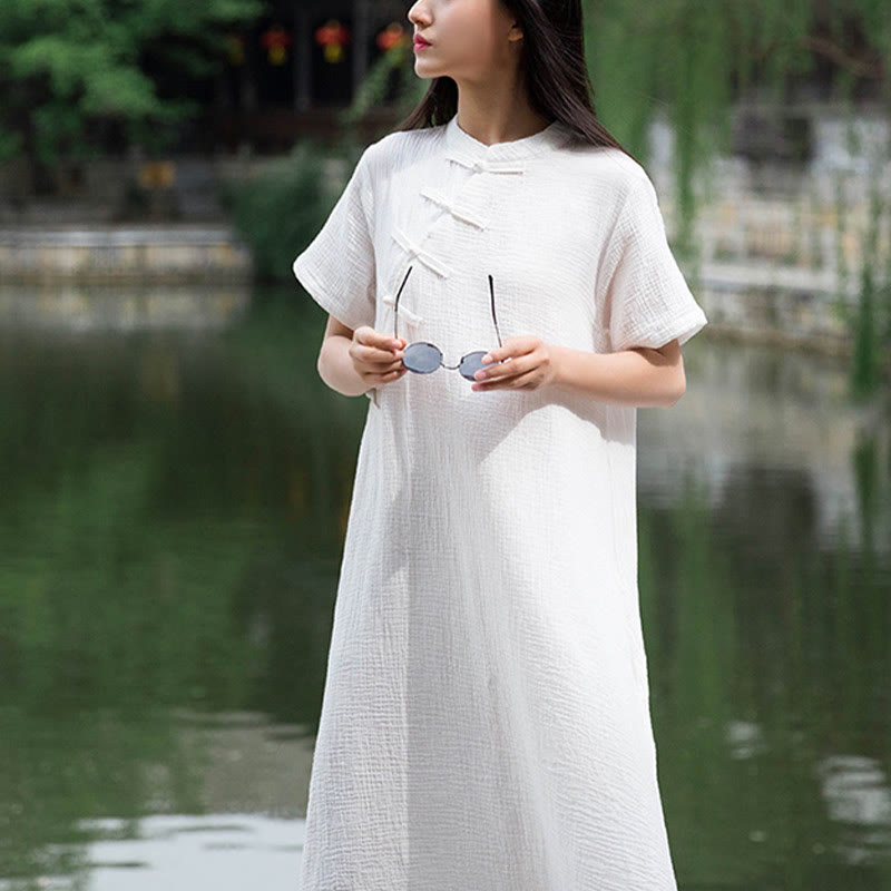 Robe mi-longue à boutons en forme de grenouille Buddha Stones Robe à manches courtes en coton et lin avec poches - image 14