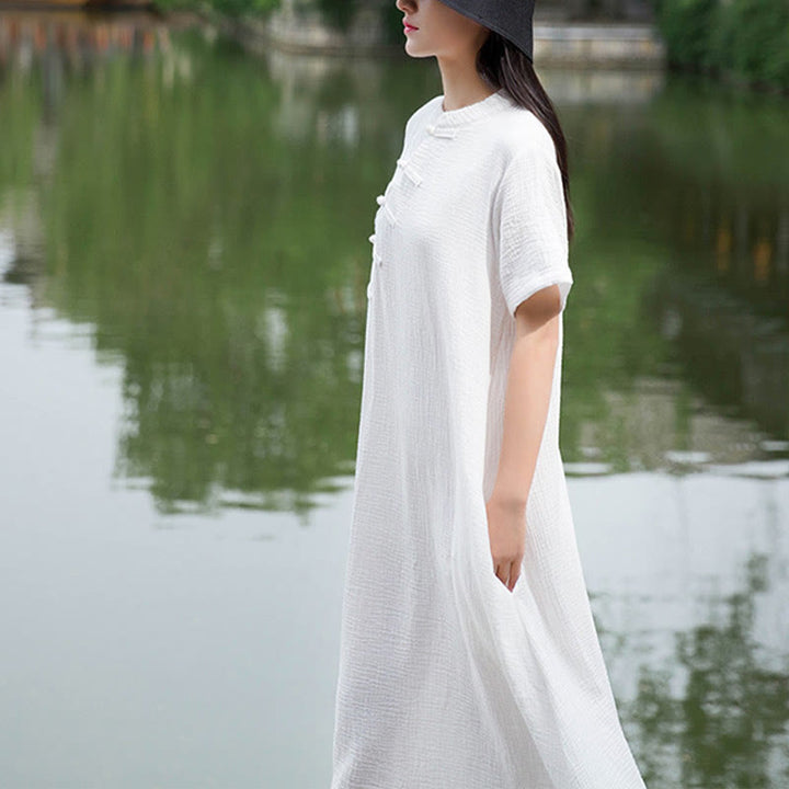 Robe mi-longue à boutons en forme de grenouille Buddha Stones Robe à manches courtes en coton et lin avec poches - image 13