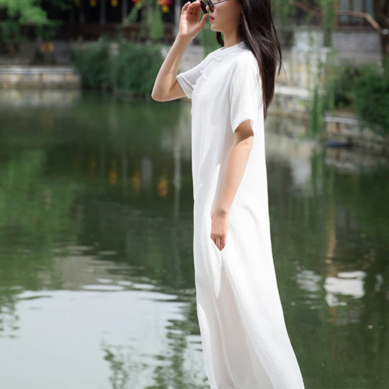 Robe mi-longue à boutons en forme de grenouille Buddha Stones Robe à manches courtes en coton et lin avec poches - image 19