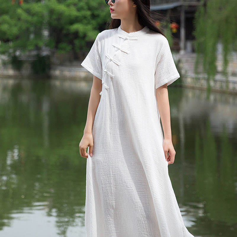 Robe mi-longue à boutons en forme de grenouille Buddha Stones Robe à manches courtes en coton et lin avec poches - image 12