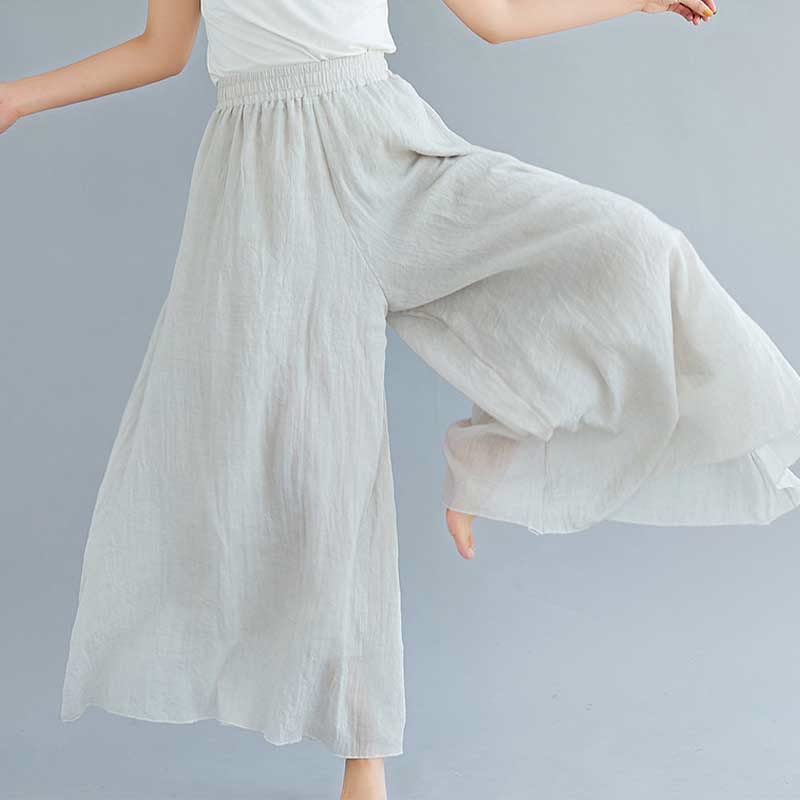 Pantalon large décontracté en coton et lin pour femme avec Buddha Stones pour le yoga et la danse - Beige - US2，UK/AU6，EU34 (M) - image 0