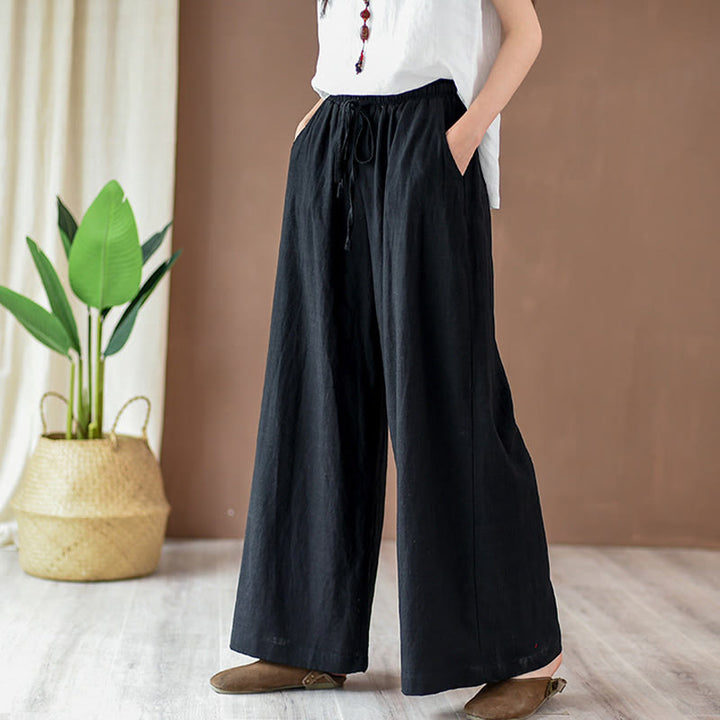 Pantalon ample en coton et lin avec cordon de serrage et poches Buddha Stones - Noir - US4，UK/AU8，EU36 (L) - image 9