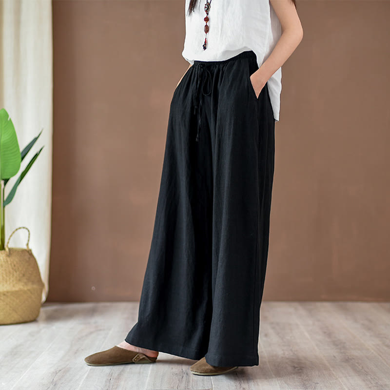 Pantalon ample en coton et lin avec cordon de serrage et poches Buddha Stones