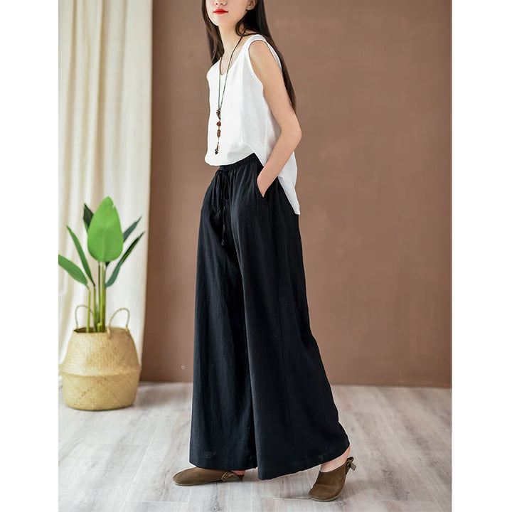 Pantalon ample en coton et lin avec cordon de serrage et poches Buddha Stones