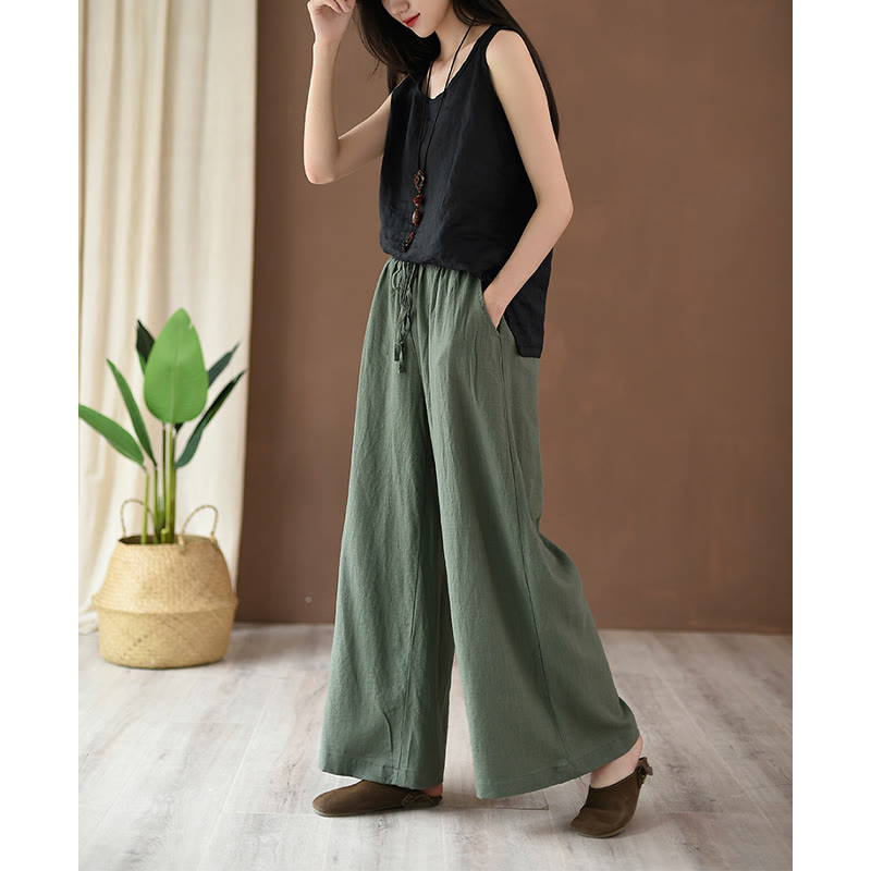 Pantalon ample en coton et lin avec cordon de serrage et poches Buddha Stones
