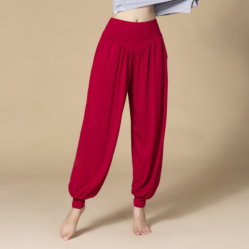 Pantalon sarouel taille haute en modal de couleur unie avec poches et Buddha Stones - Vin rouge - US14，UK/AU18，EU46 (3XL) - image 18