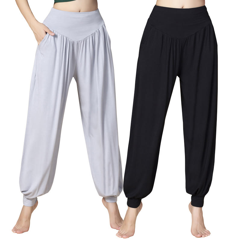 Pantalon sarouel taille haute en modal de couleur unie avec poches et Buddha Stones - image 24
