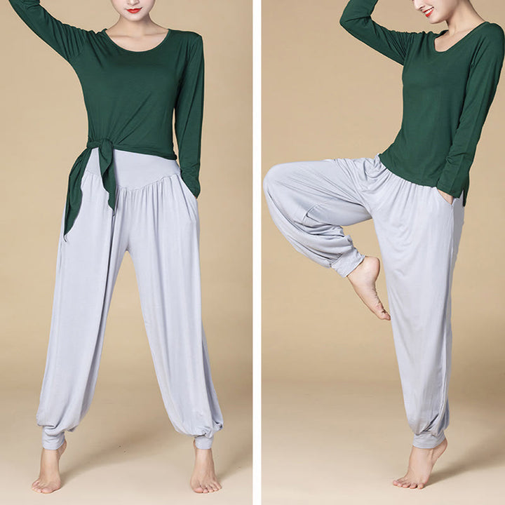 Pantalon sarouel taille haute en modal de couleur unie avec poches et Buddha Stones - image 1