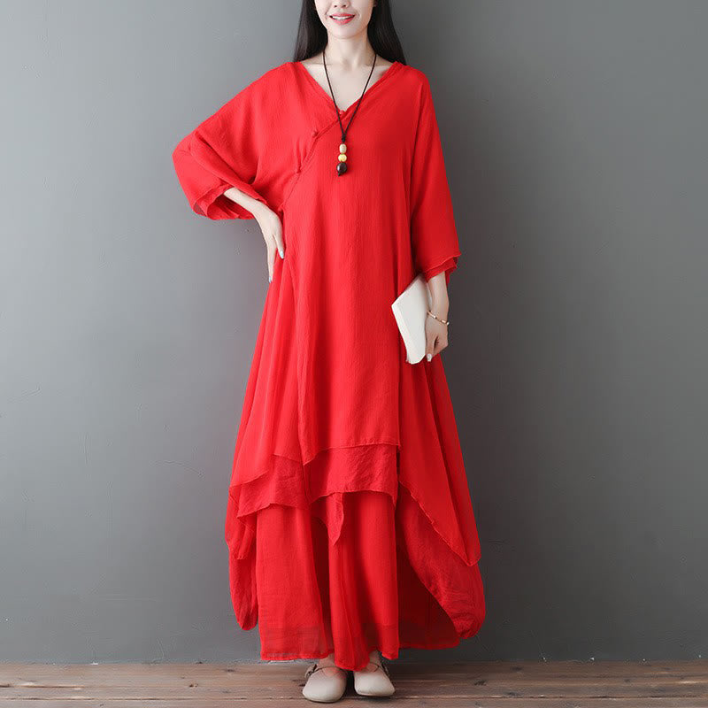 Robe tunique mi-longue à col en V Buddha Stones Pantalon à jambe large Vêtements de danse pour la pratique de la méditation zen - 2 pièces rouges (robe et pantalon) - US12，UK/AU16，EU44 (2XL) - image 9