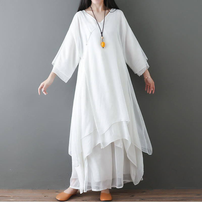 Robe tunique mi-longue à col en V Buddha Stones Pantalon à jambe large Vêtements de danse pour la pratique de la méditation zen - 2 pièces blanches (robe et pantalon) - US12，UK/AU16，EU44 (2XL) - image 0