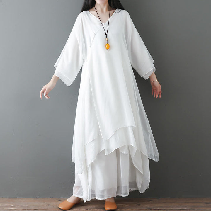 Robe tunique mi-longue à col en V Buddha Stones Pantalon à jambe large Vêtements de danse pour la pratique de la méditation zen - 2 pièces blanches (robe et pantalon) - US12，UK/AU16，EU44 (2XL) - image 0