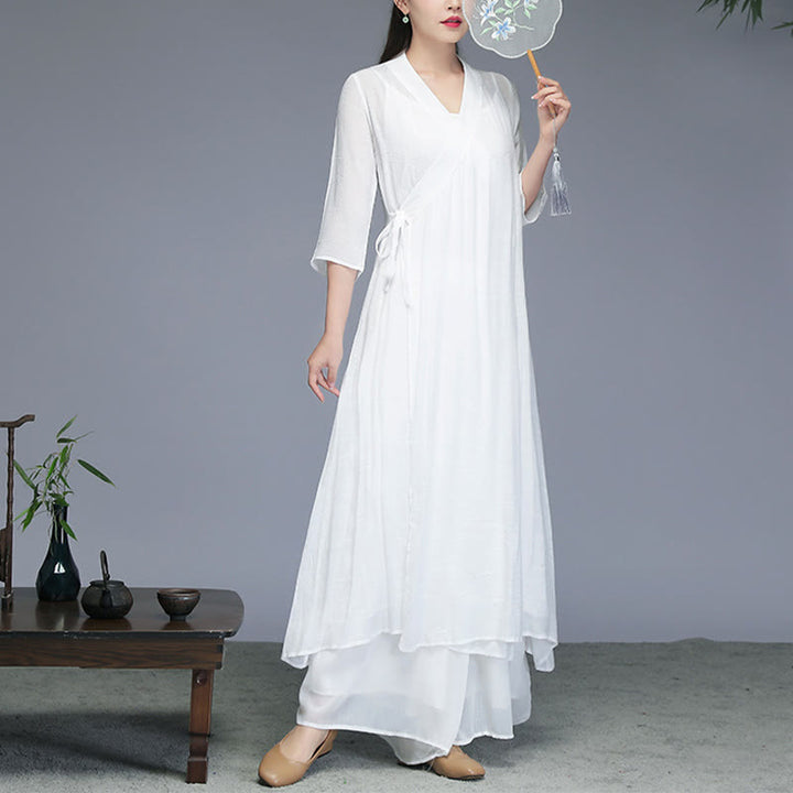 Robe mi-longue style Hanfu Buddha Stones , pantalon à jambes larges, vêtements de méditation, de pratique zen, de yoga et de danse - Robe midi (robe uniquement) - US8-10，UK/AU12-14，EU40-42 (2XL) - image 0
