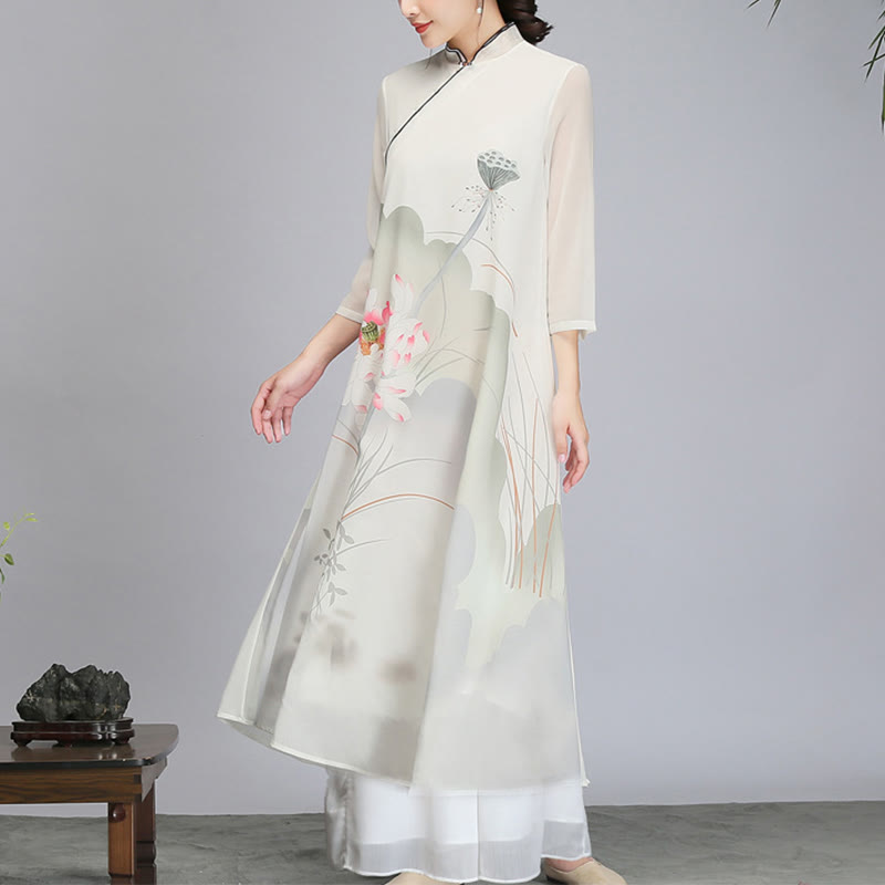Robe mi-longue en mousseline de soie avec Buddha Stones et fleur de lotus, vêtement de méditation zen