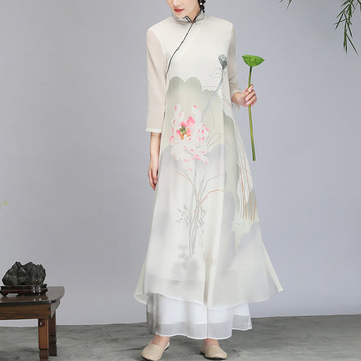 Robe mi-longue en mousseline de soie avec Buddha Stones et fleur de lotus, vêtement de méditation zen