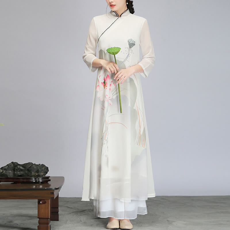 Robe mi-longue en mousseline de soie avec Buddha Stones et fleur de lotus, vêtement de méditation zen
