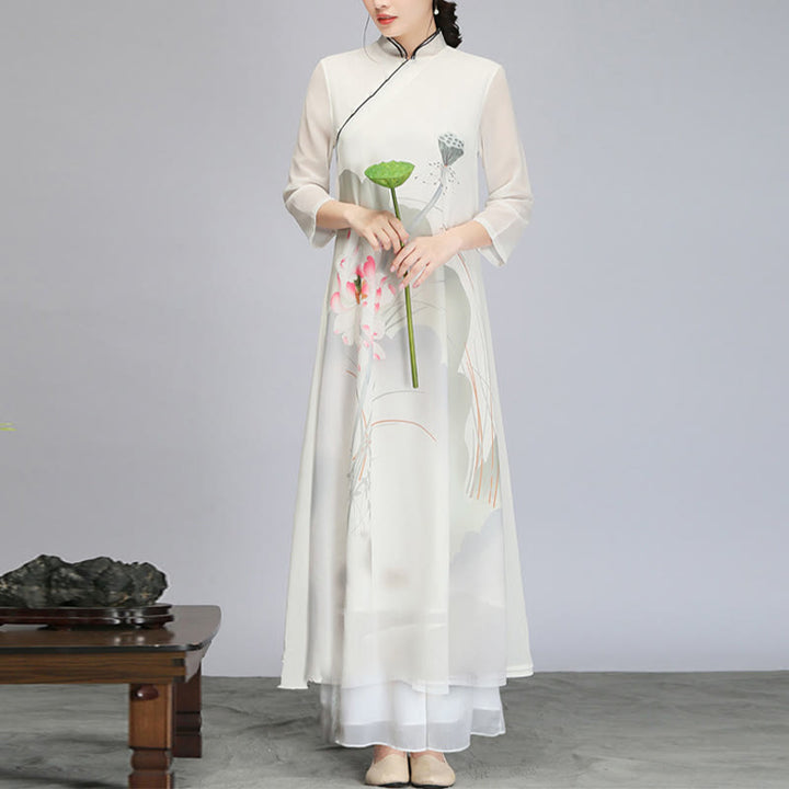 Robe mi-longue en mousseline de soie avec Buddha Stones et fleur de lotus, vêtement de méditation zen