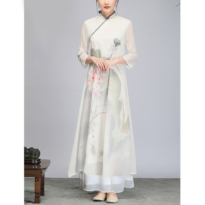Robe mi-longue en mousseline de soie avec Buddha Stones et fleur de lotus, vêtement de méditation zen