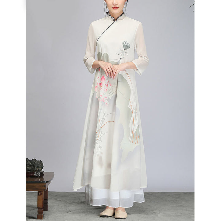 Robe mi-longue en mousseline de soie avec Buddha Stones et fleur de lotus, vêtement de méditation zen