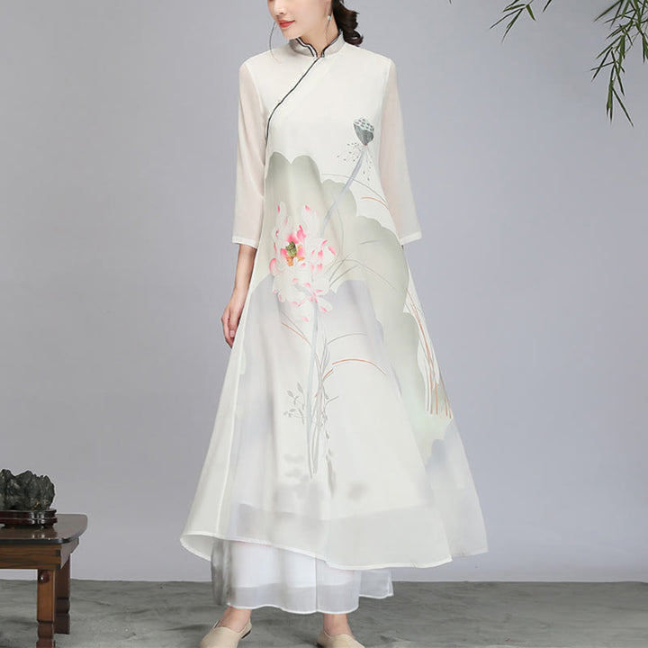 Robe mi-longue en mousseline de soie avec Buddha Stones et fleur de lotus, vêtement de méditation zen - Robe midi (robe uniquement) - US8-10，UK/AU12-14，EU40-42 (2XL) - image 0