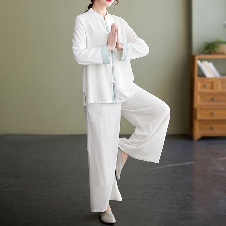 Ensemble de 2 Buddha Stones en coton et lin pour femme avec chemise à manches longues et pantalon de méditation Zen Tai Chi - Blanc (Haut et pantalon) - US8-10，UK/AU12-14，EU40-42 (2XL) - image 0
